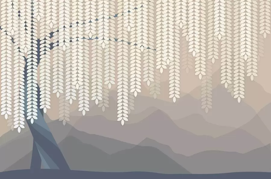 Fototapeedid stiliseeritud paju puu rippuvate lehtedega minimalistlike mägedega taustal, beeži ja sinakasrohelistes toonides w05232