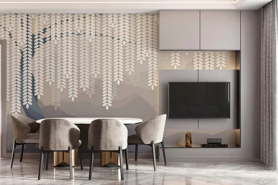 Fototapeedid stiliseeritud paju puu rippuvate lehtedega minimalistlike mägedega taustal, beeži ja sinakasrohelistes toonides w05232