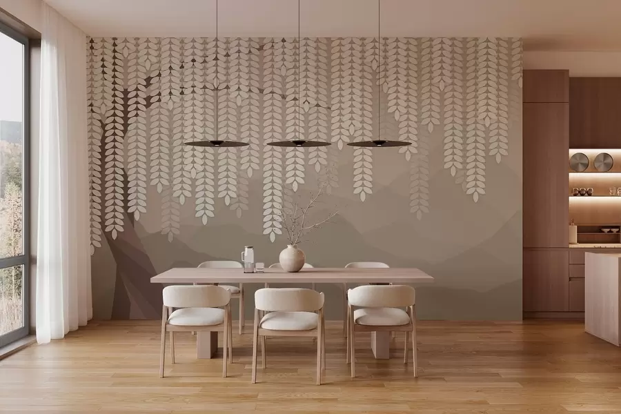 Fototapeedid stiliseeritud paju puu rippuvate lehtedega minimalistlike kohvitoonides mägede taustal w05232v2