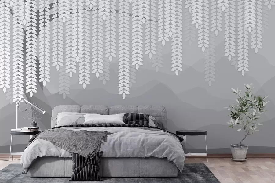 Fototapeedid stiliseeritud paju puu rippuvate lehtedega minimalistlike hallide mägede taustal w05232v3