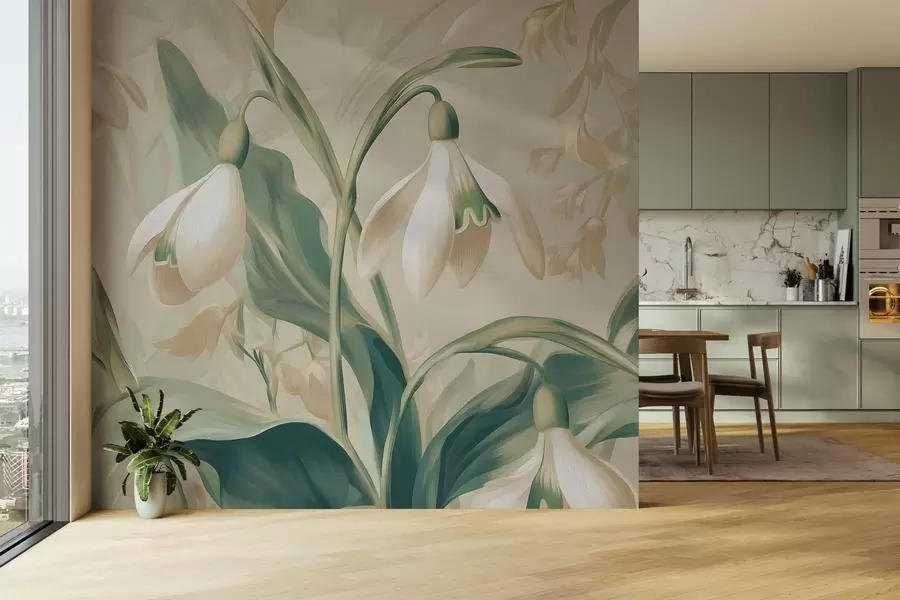 Fototapeedid õitsevad lumikellukesed beežil taustal w05234