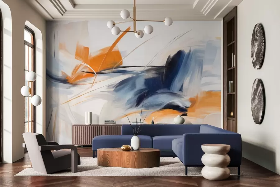 Fototapeedid Abstraktne maalistiil oranži ja sinise tekstuuriga pintslitõmmetega w09755