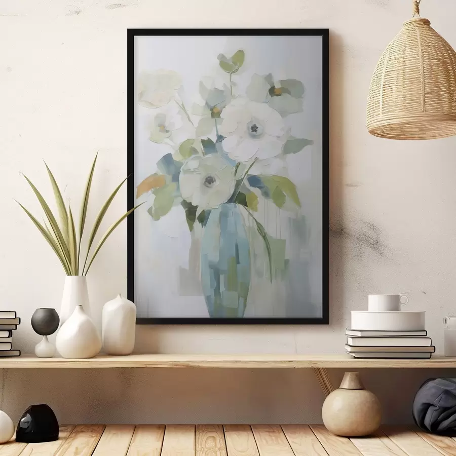 Fototapeedid Lilled lehtedega vaasis imitatsioonmaal f48168