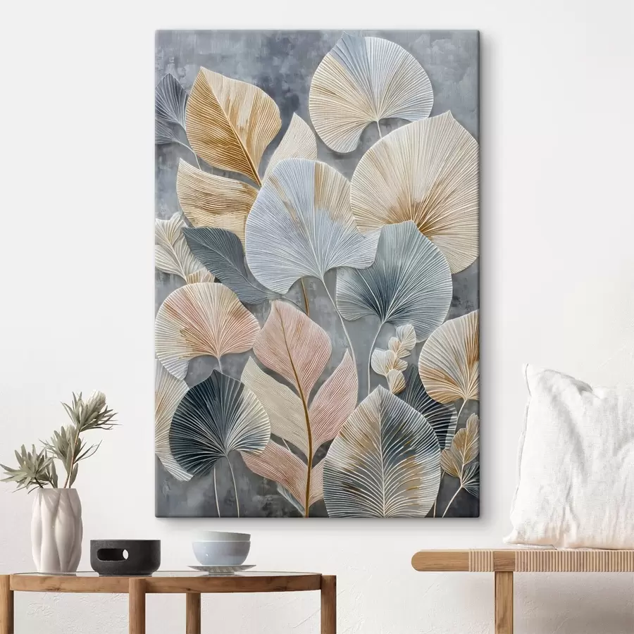 Pilt Mitmevärviline dekoratiivne lehestik, millel on selge tekstuur tumedal taustal s47964