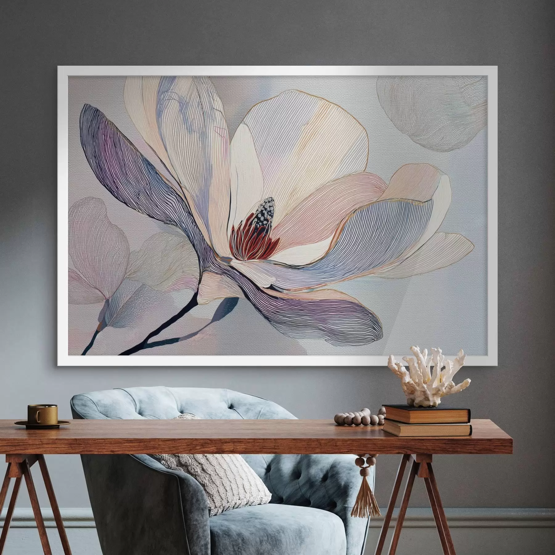 Fototapeedid Stiliseeritud magnoliaõied peenete kontuuridega f47968