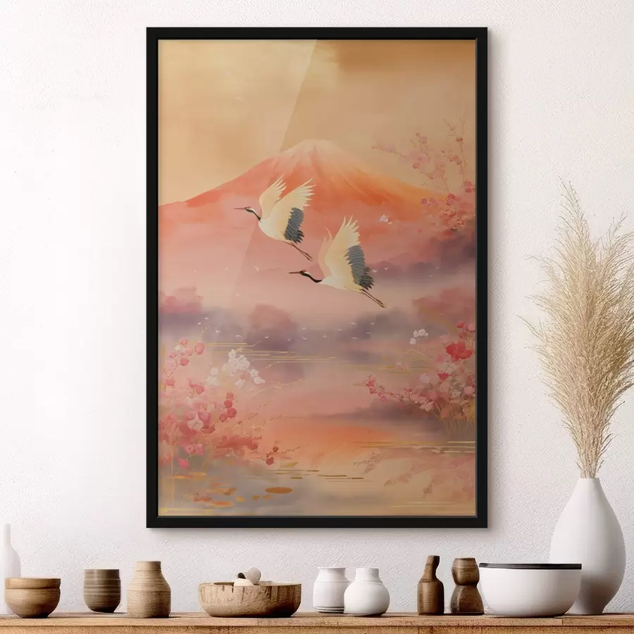 Fototapeedid Traditsiooniline idamaine motiiv kirsiõite ja kraanidega f47991