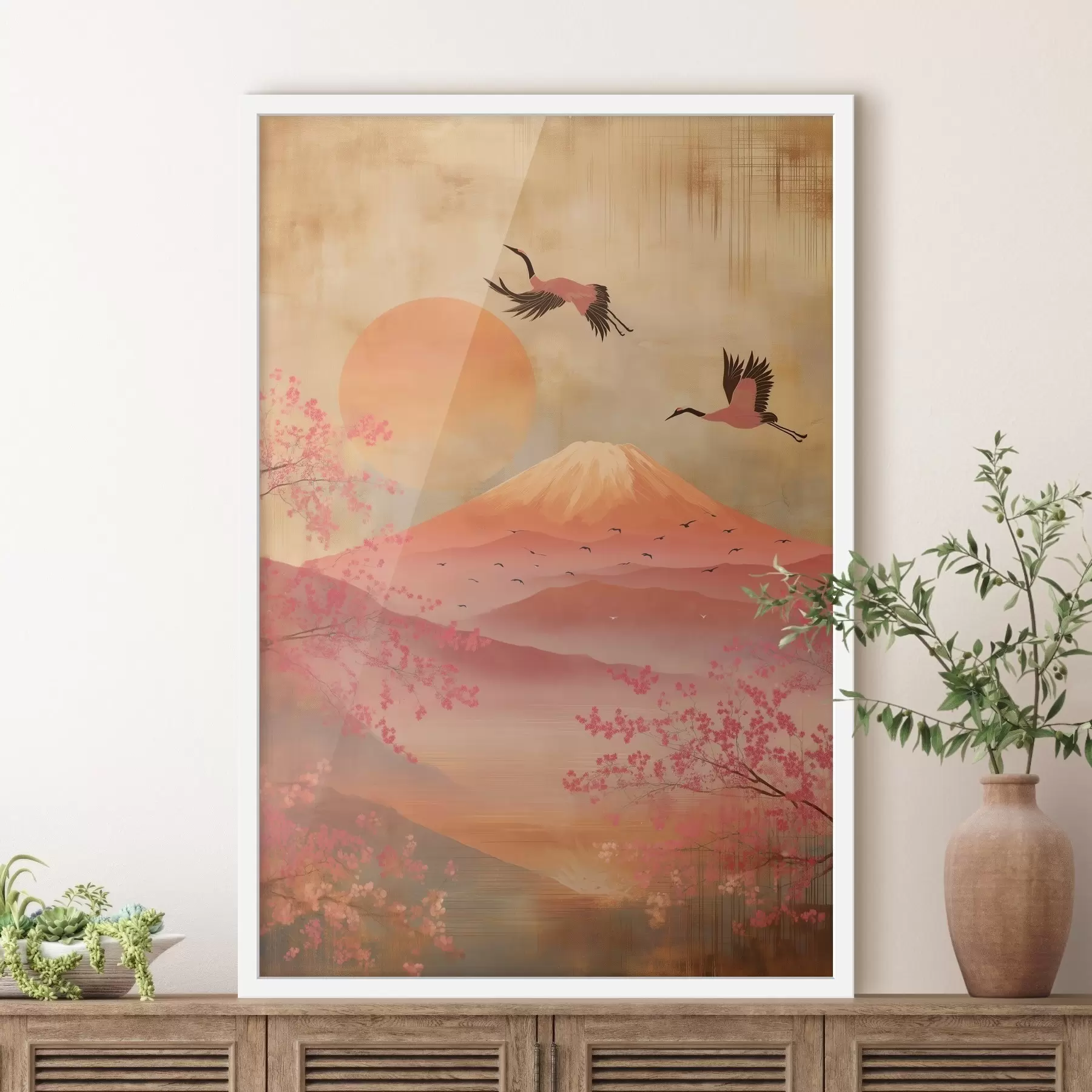 Fototapeedid Kraanad päikese ja mägede taustal: illustratsioon digitaalkunstistiilis f47992