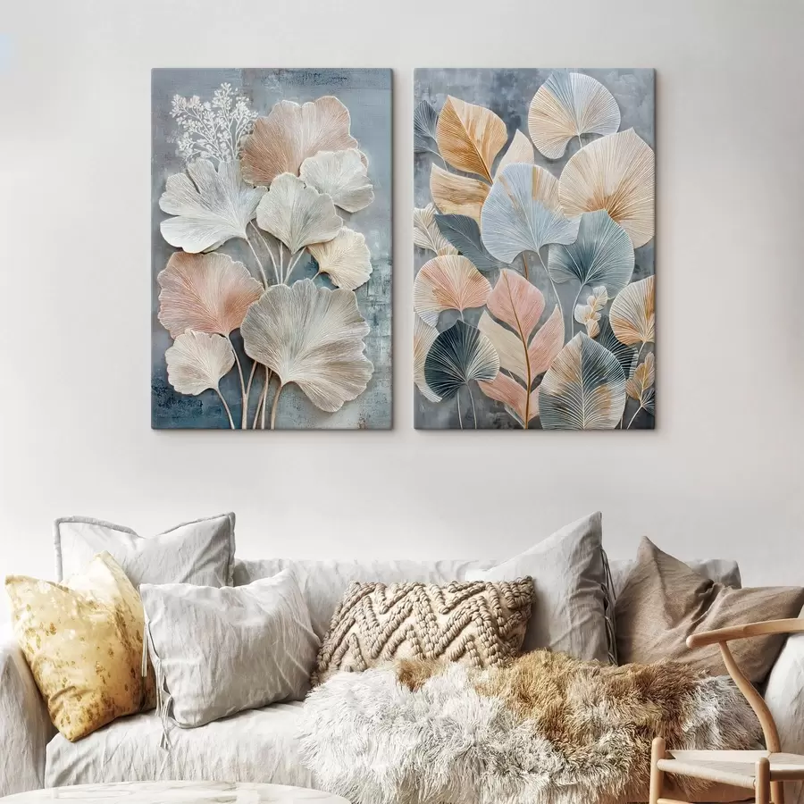 Pilt Abstraktne kompositsioon dekoratiivsete lehtedega halli-beeži värvipalettis m30030