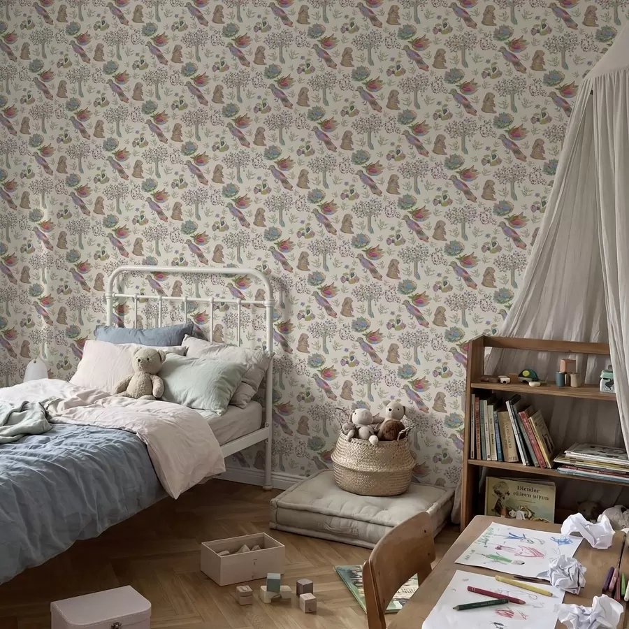 Fototapeedid Värvikas laste mustri lindude ja jänestega a01127