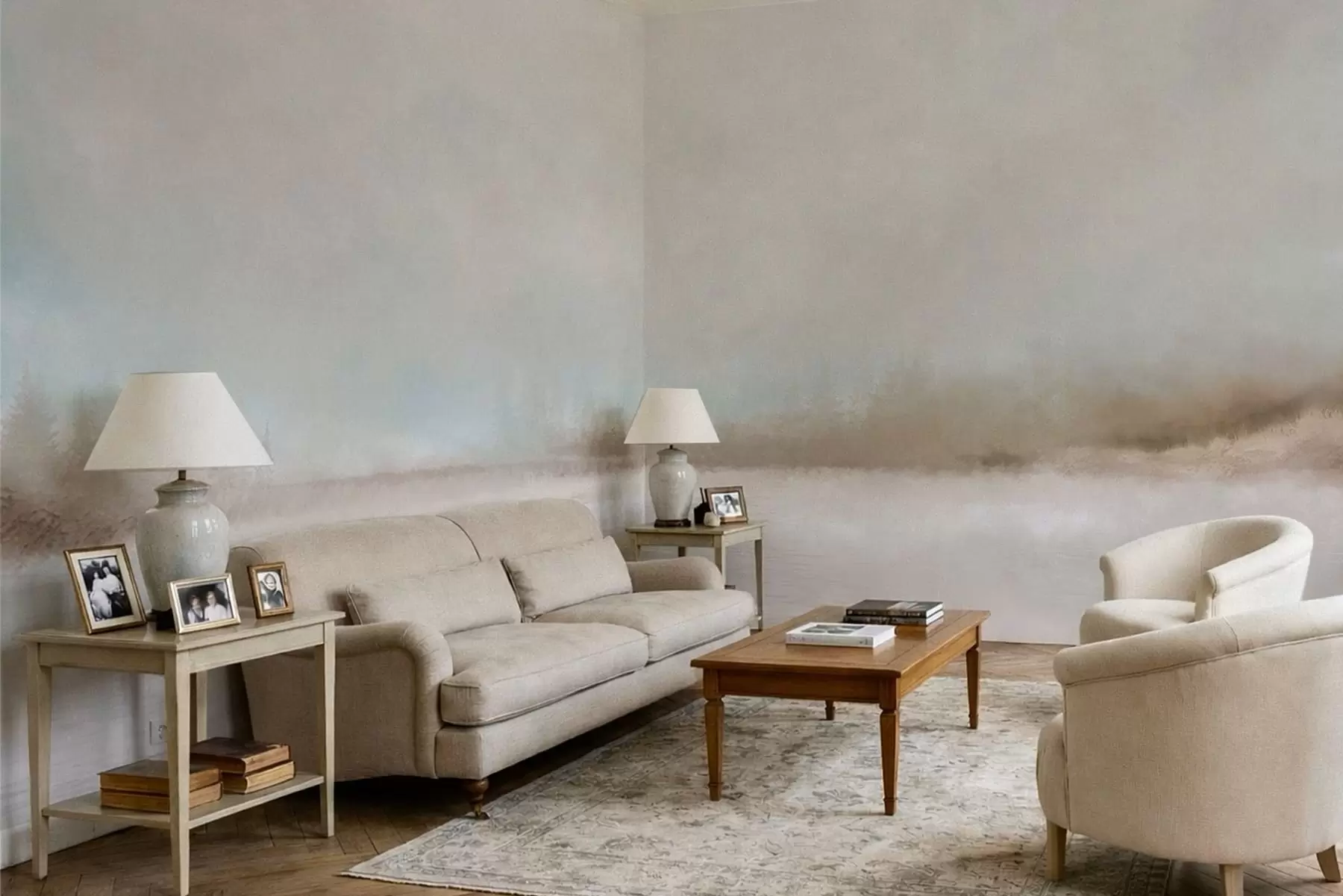 Fototapeedid Uduvihmane maastik järve ja metsaga w05319