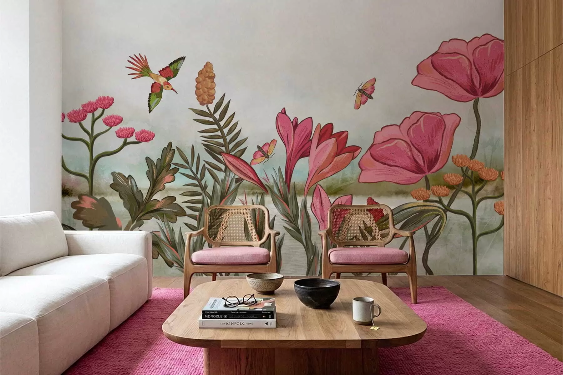 Fototapeedid Ere värvilised lilled lindude ja liblikatega w05321