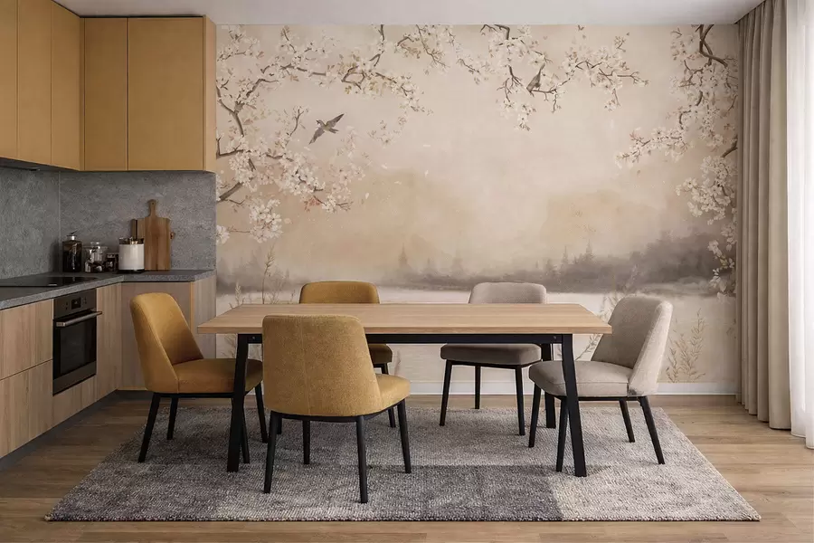 Fototapeedid Õrnalt õitsevad oksad järve ääres, kus kerge udu sees lendlevad linnud w05155