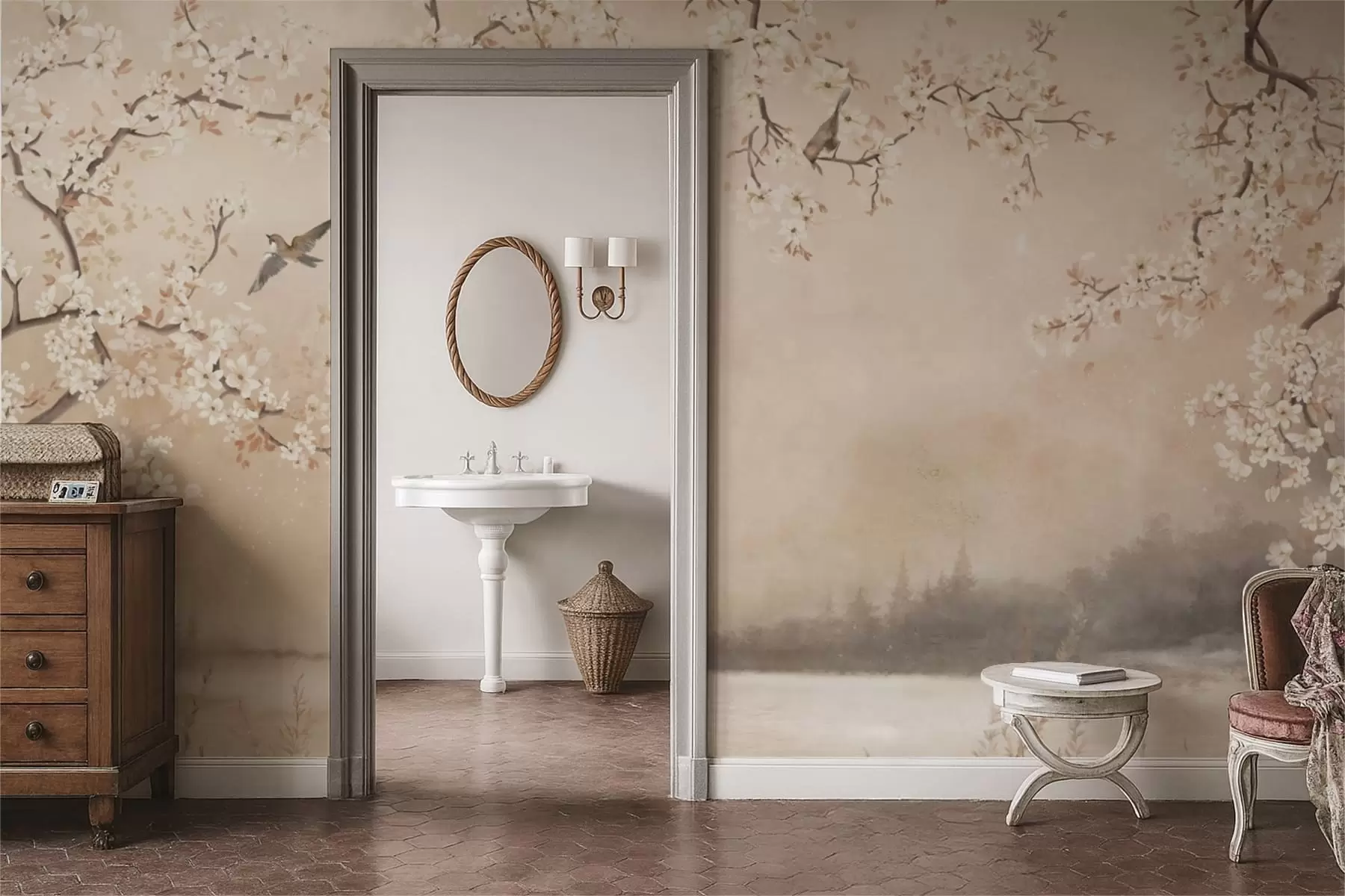 Fototapeedid Õrnalt õitsevad oksad järve ääres, kus kerge udu sees lendlevad linnud w05155