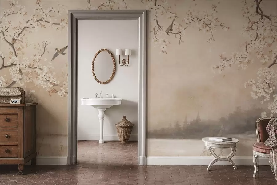 Fototapeedid Õrnalt õitsevad oksad järve ääres, kus kerge udu sees lendlevad linnud w05155