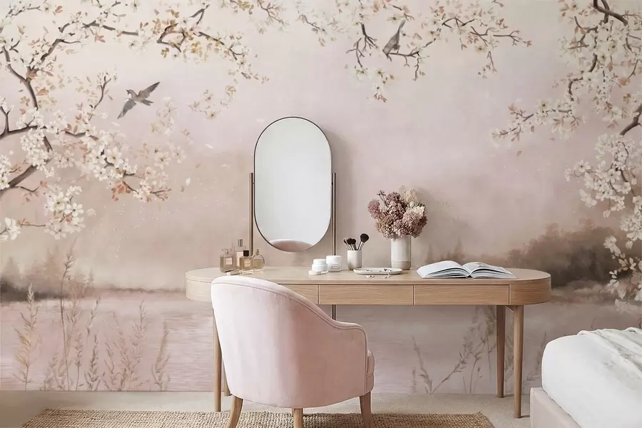 Fototapeedid Õitsevad oksad rahuliku järve kohal, kus udus lendlevad linnud w05155v1