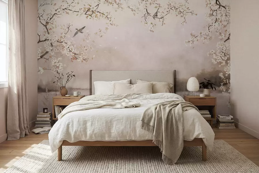 Fototapeedid Õitsevad oksad rahuliku järve kohal, kus udus lendlevad linnud w05155v1