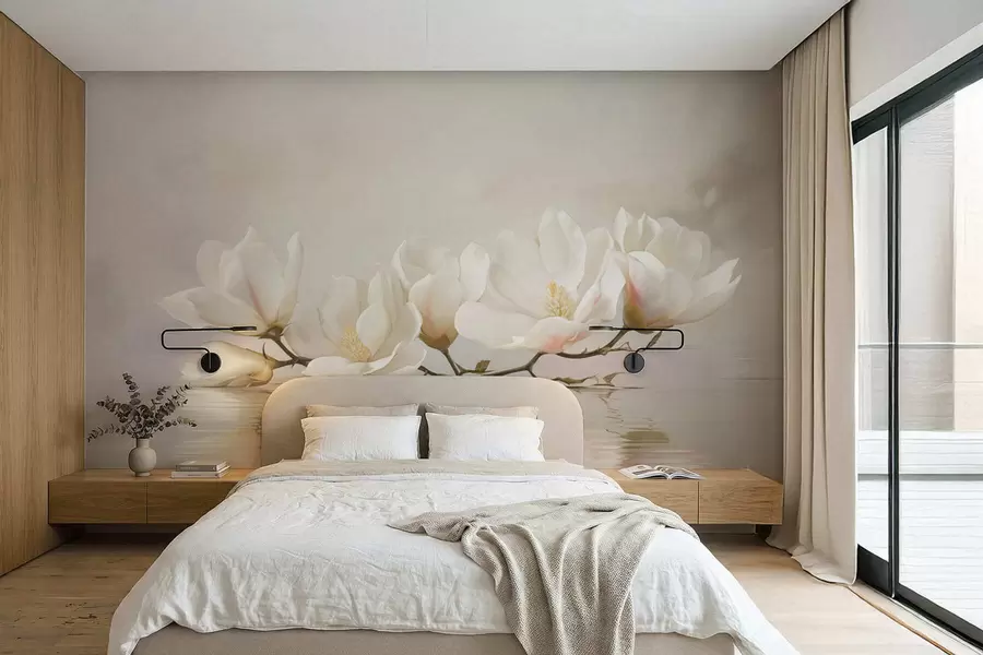 Fototapeedid Kerge magnolia õitseb veepeegelduses oleva oksa otsas w05353