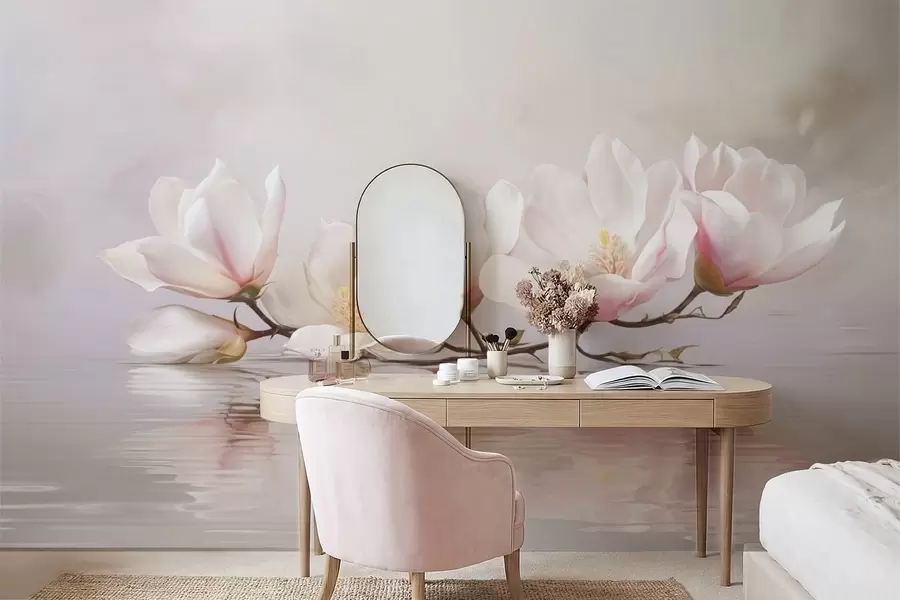 Fototapeedid Magnolia oks õitega rahuliku vee peegelduse kohal w05353v1