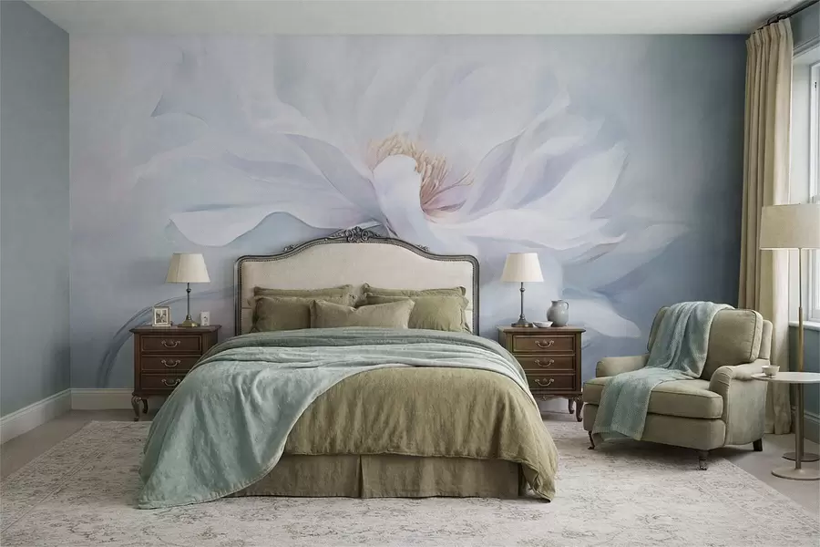 Fototapeedid Pehme valge õis voolavate kroonlehtedega sinisel taustal w05354