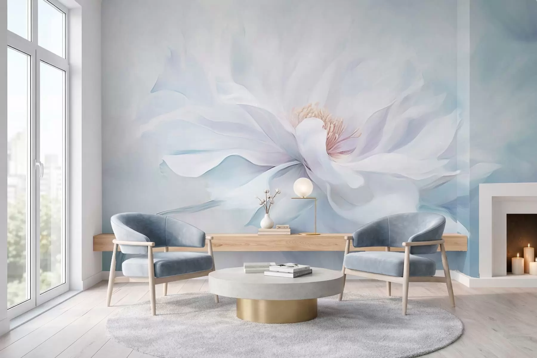 Fototapeedid Pehme valge õis voolavate kroonlehtedega sinisel taustal w05354