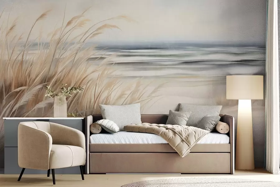 Fototapeedid Tekstuuriga maastik kuiva rohu ja liivase rannaga, taustal ookean ja taevas w09739