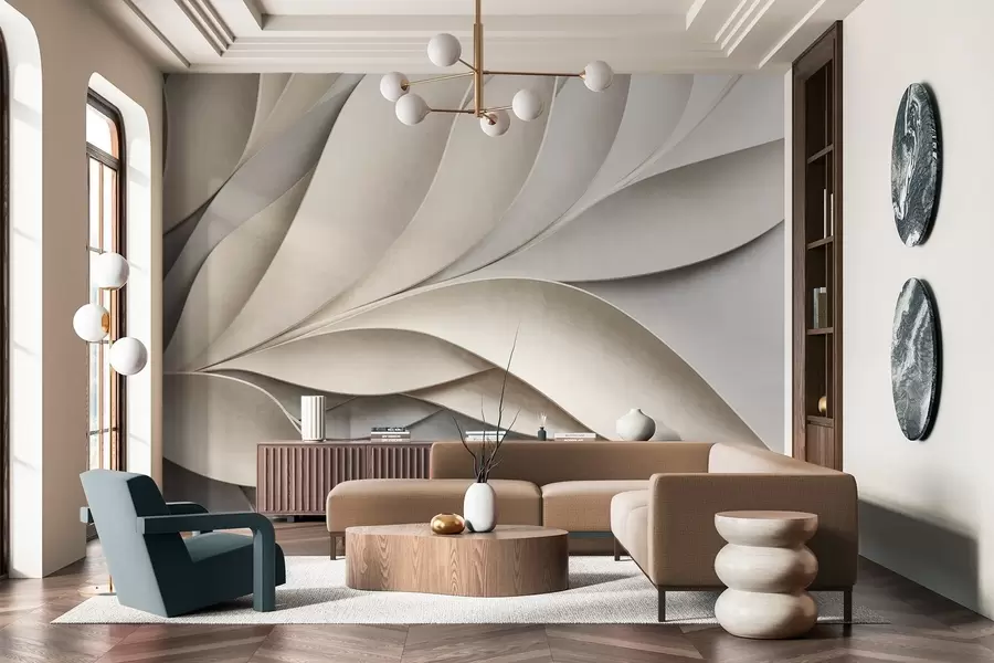 Fototapeedid Abstraktsed lehed beežis ja hallis, tekstuuriga modernne kunst w09769