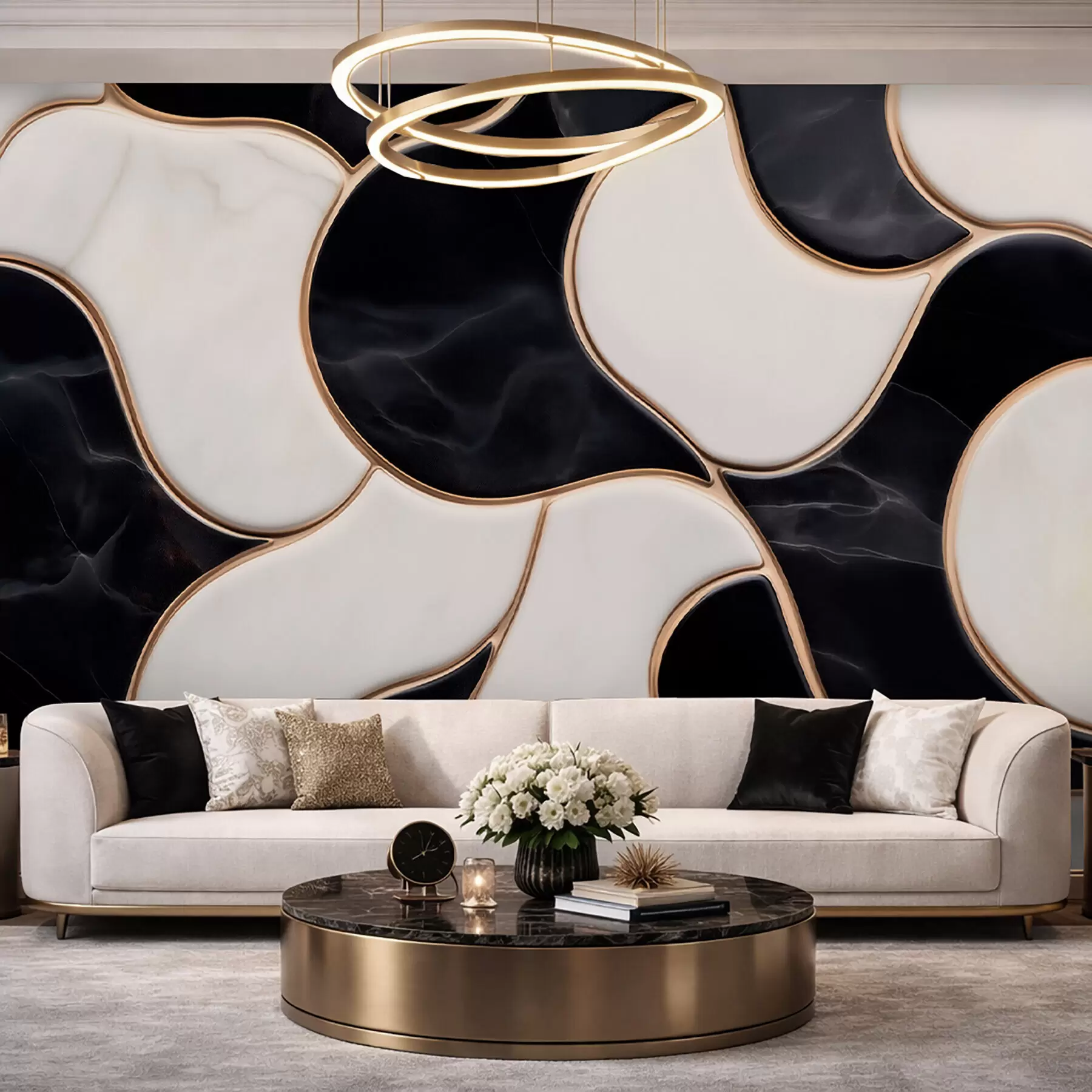 Fototapeedid Marmorist kompositsiooni abstraktne imitatsioon must-valgetes toonides ja kollaste joontega w09733