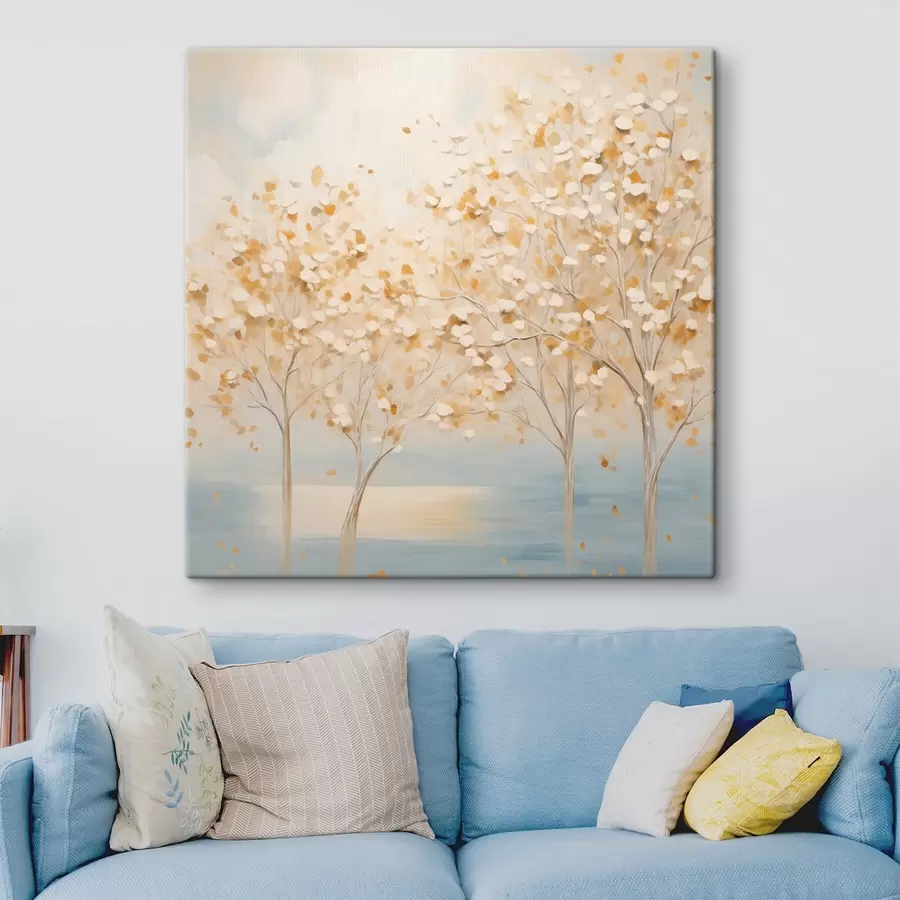 Pilt Tekstuurne maalistiil, millel on kujutatud valge- ja kollalehelisi puid helesinisel taustal s48392