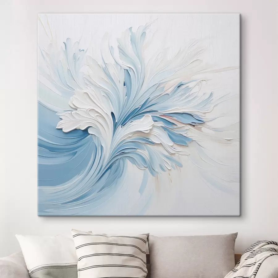 Pilt Valge ja helesinine abstraktne lillemustri kujundus, millel on tekstuuriga õielehed ja keerlevad jooned s48395