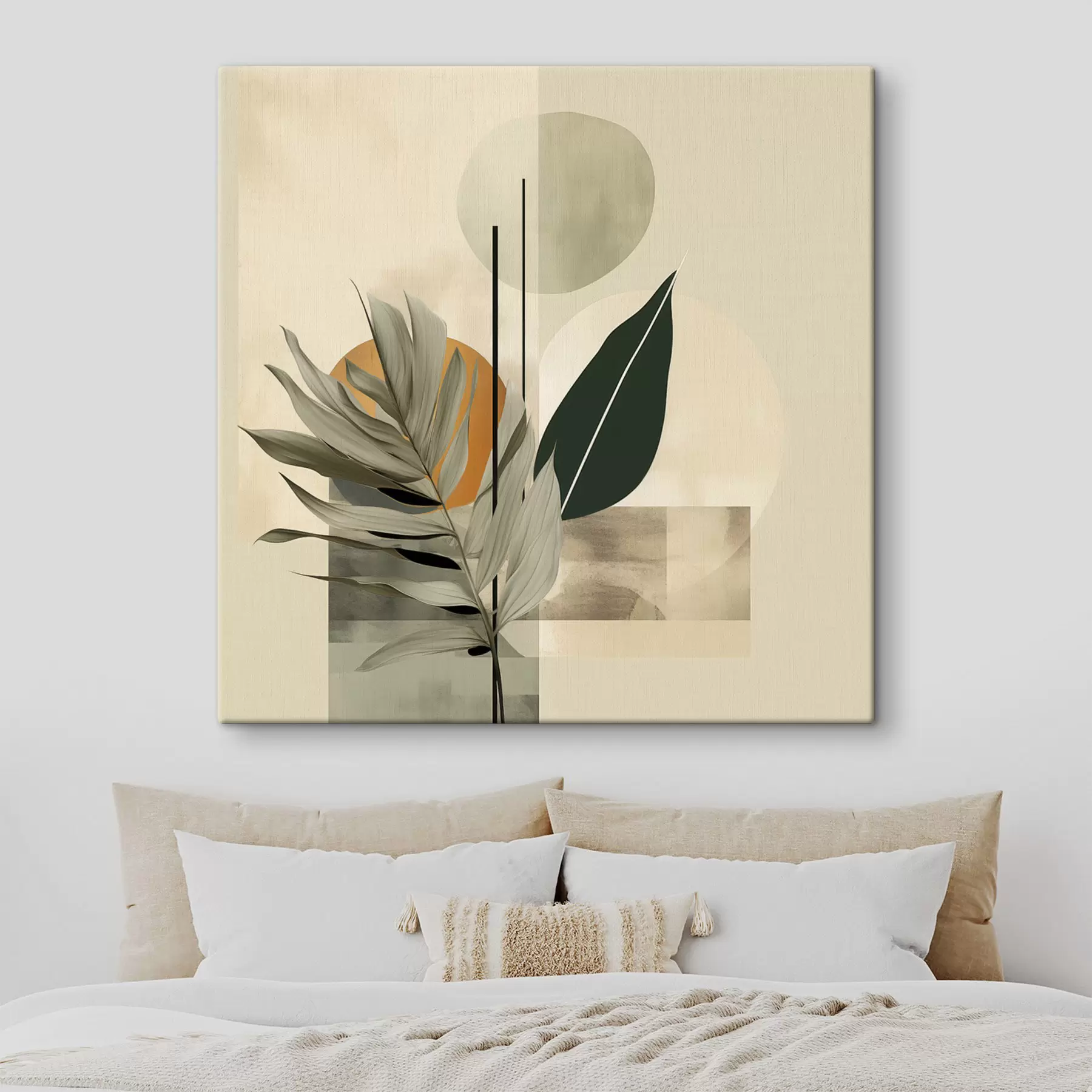 Pilt Tumeroheline taim, millel on abstraktsed geomeetrilised kujundid ning beeži ja rohelised akvarelltekstuurid s48410