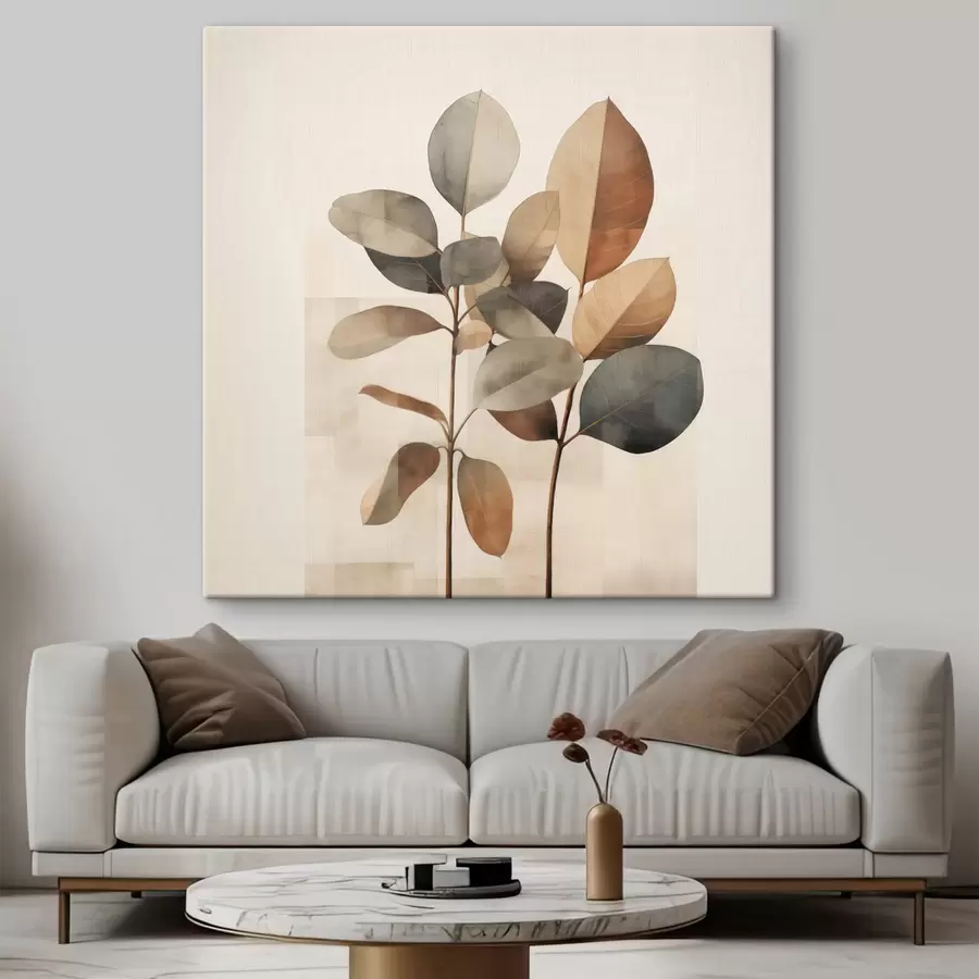 Pilt Kõrged taimed ovaalsete lehtedega, tagasihoidlikes toonides ja abstraktsete ristkülikukujuliste mustritega s48413