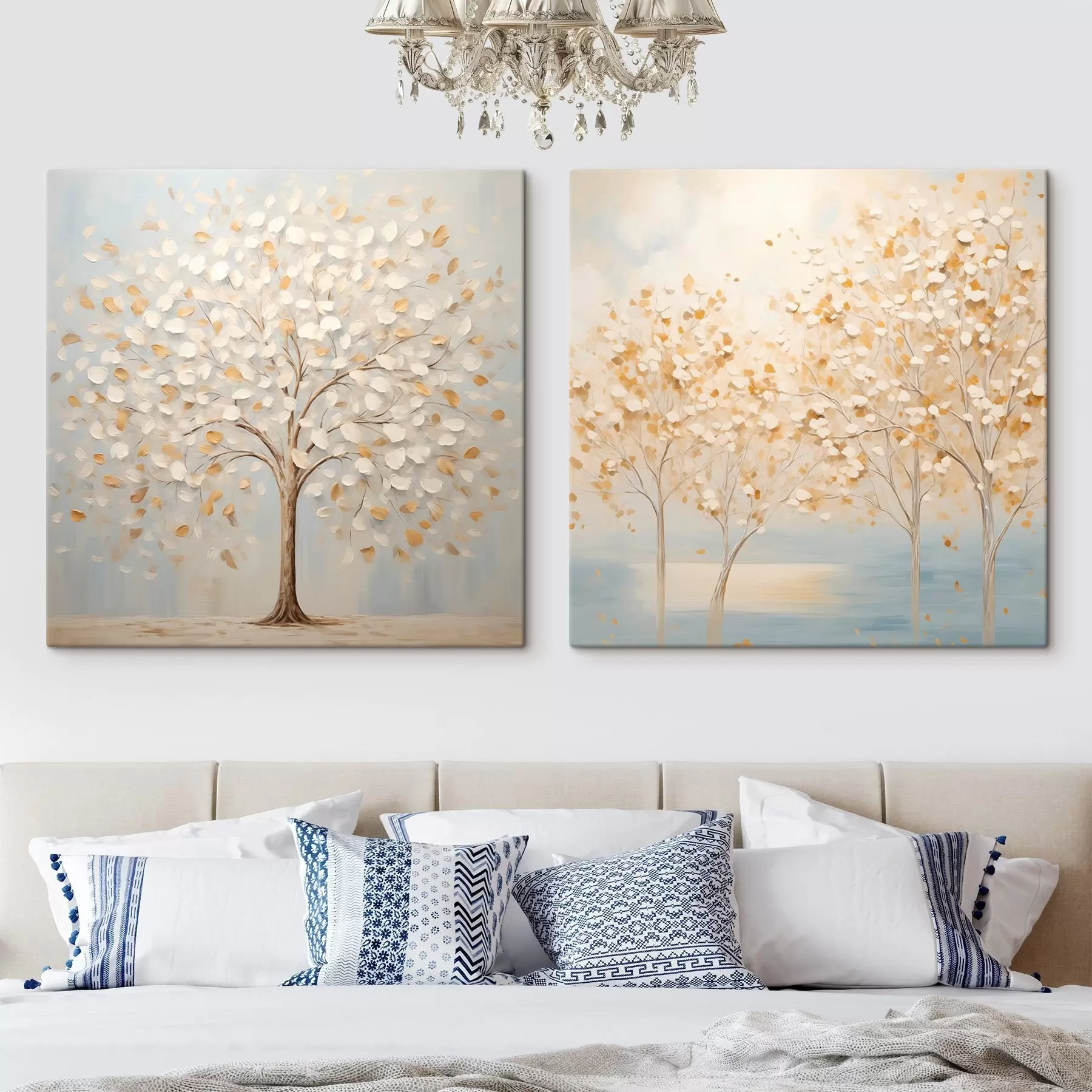 Pilt Tekstuurne maalistiil, millel on kujutatud valge- ja kollalehelisi puid helesinisel taustal m30200