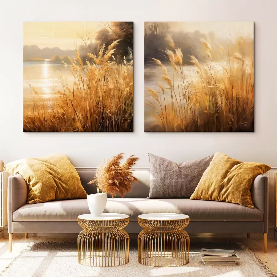 Pilt Esiplaanil kõrge, kuiv viljakobaradega rohi, tagaplaanil järv ja puud m30201