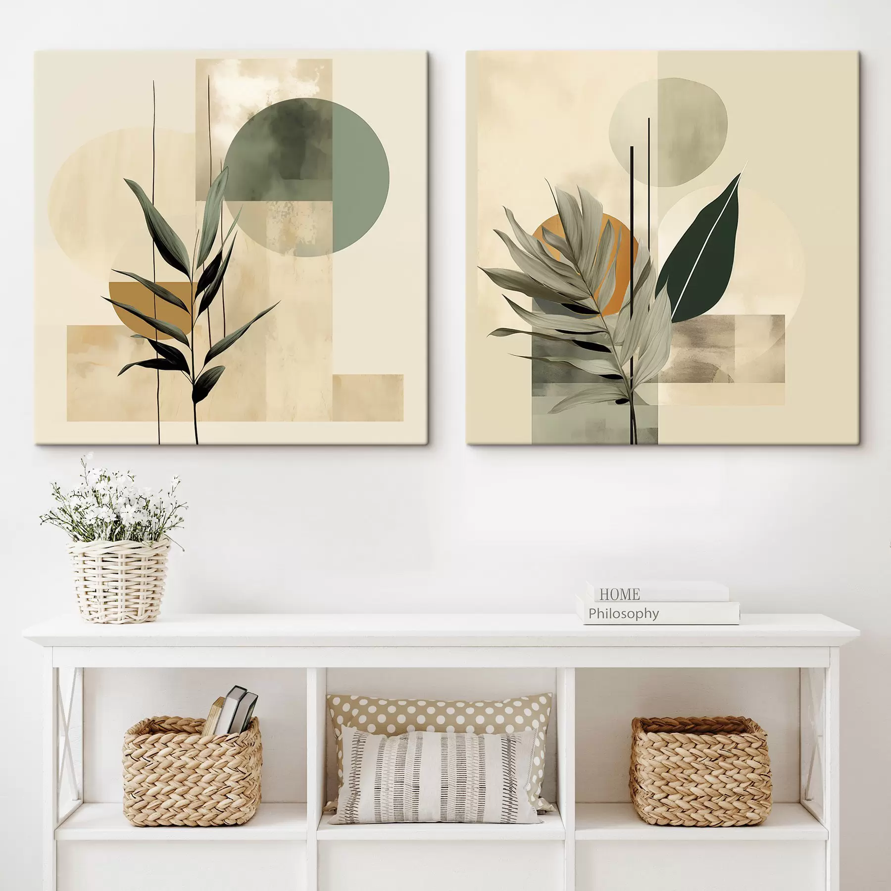 Pilt Tumeroheline taim, millel on abstraktsed geomeetrilised kujundid ning beeži ja rohelised akvarelltekstuurid m30209