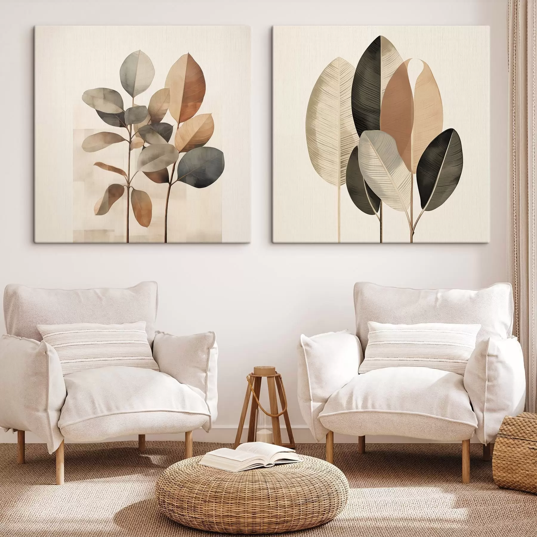 Pilt Kõrged taimed ovaalsete lehtedega, tagasihoidlikes toonides ja abstraktsete ristkülikukujuliste mustritega m30211