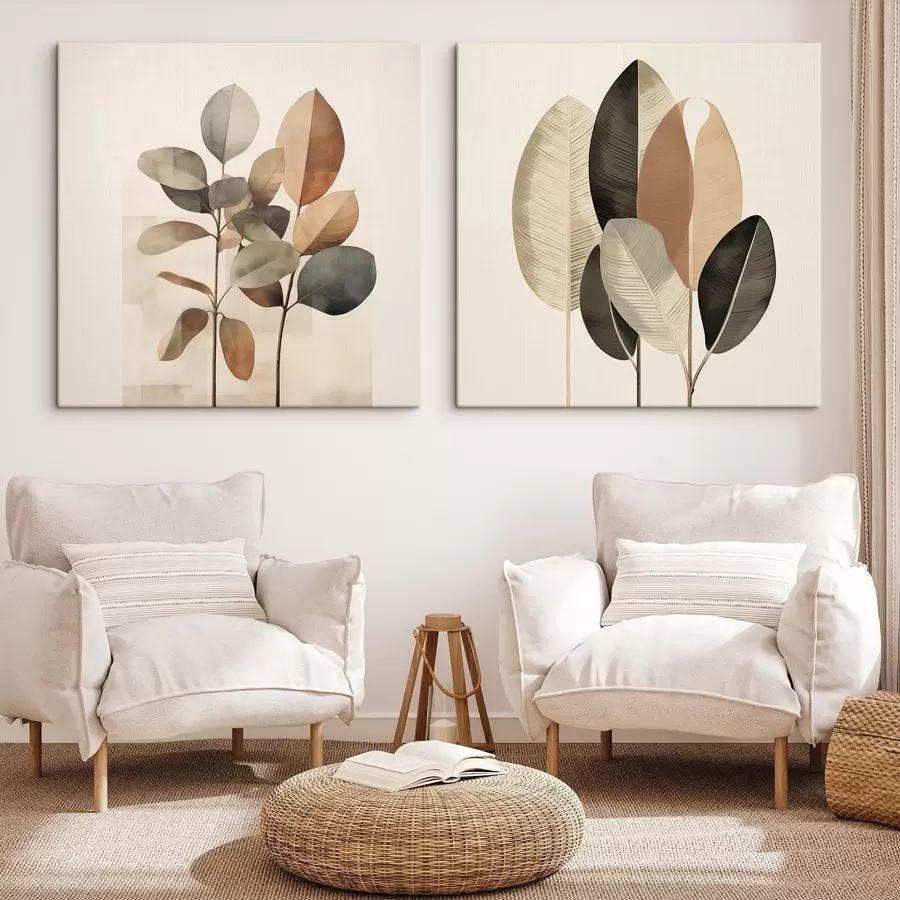 Fototapeedid Kõrged taimed ovaalsete lehtedega, tagasihoidlikes toonides ja abstraktsete ristkülikukujuliste mustritega m30211