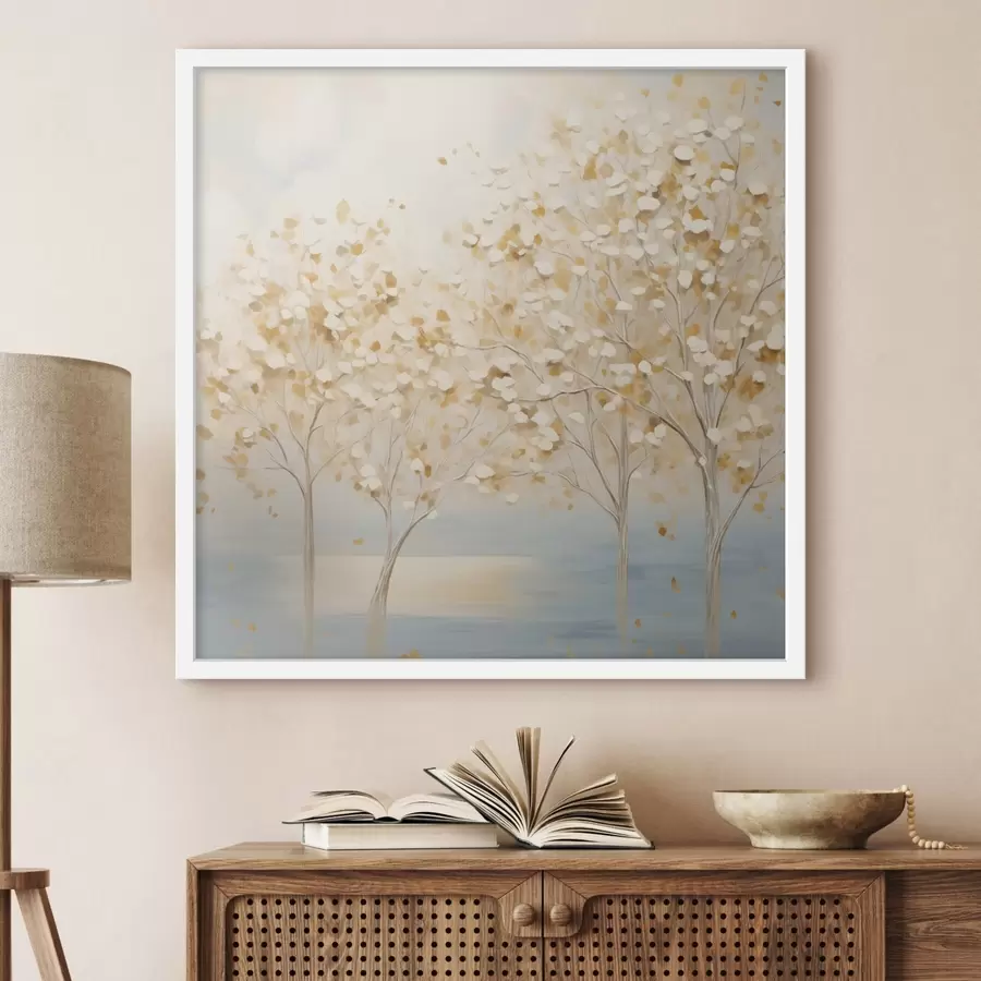 Fototapeedid Tekstuurne maalistiil, millel on kujutatud valge- ja kollalehelisi puid helesinisel taustal f48392