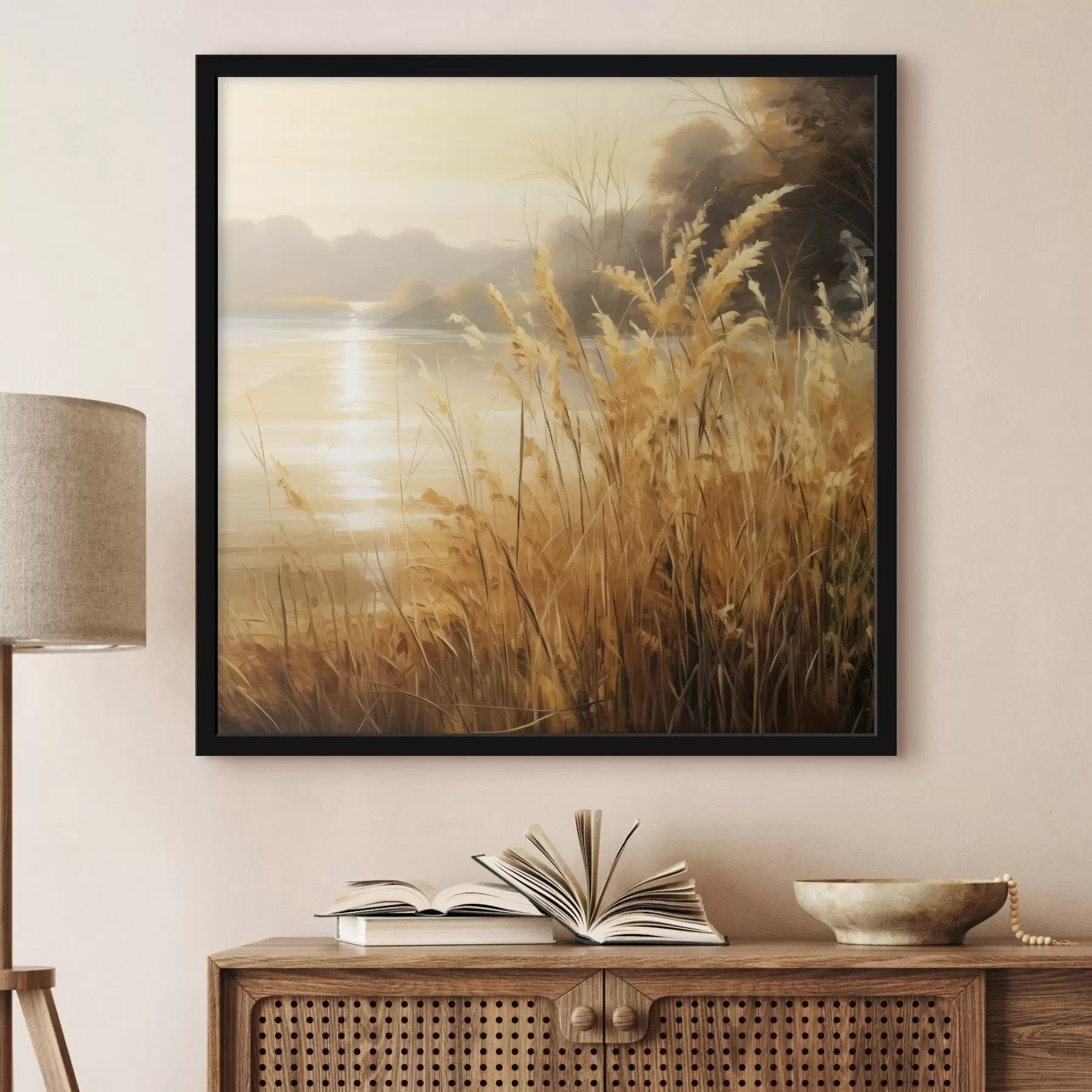 Fototapeedid Esiplaanil kõrge, kuiv viljakobaradega rohi, tagaplaanil järv ja puud f48393