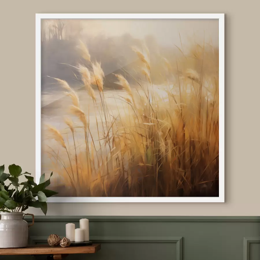 Fototapeedid Esiplaanil kõrge, kuiv viljakobaradega rohi, tagaplaanil järv ja puud f48394