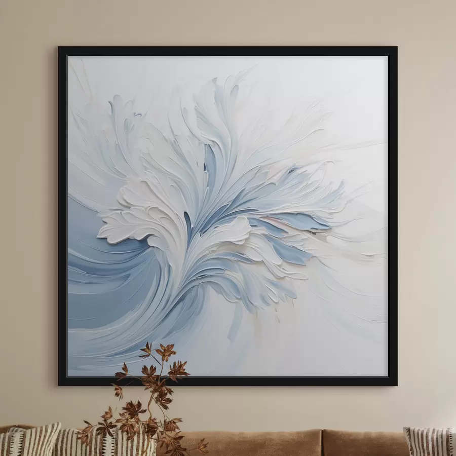 Fototapeedid Valge ja helesinine abstraktne lillemustri kujundus, millel on tekstuuriga õielehed ja keerlevad jooned f48395