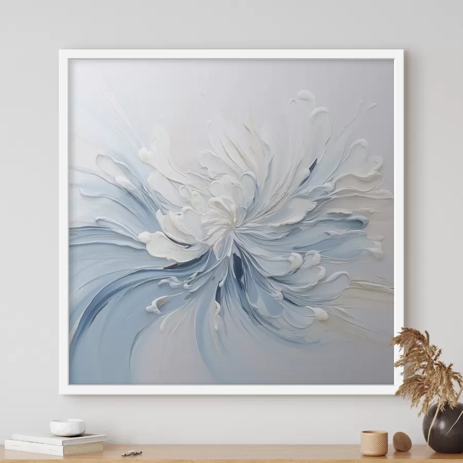 Fototapeedid Valge ja helesinine abstraktne lillemustri kujundus, millel on tekstuuriga õielehed ja keerlevad jooned f48396