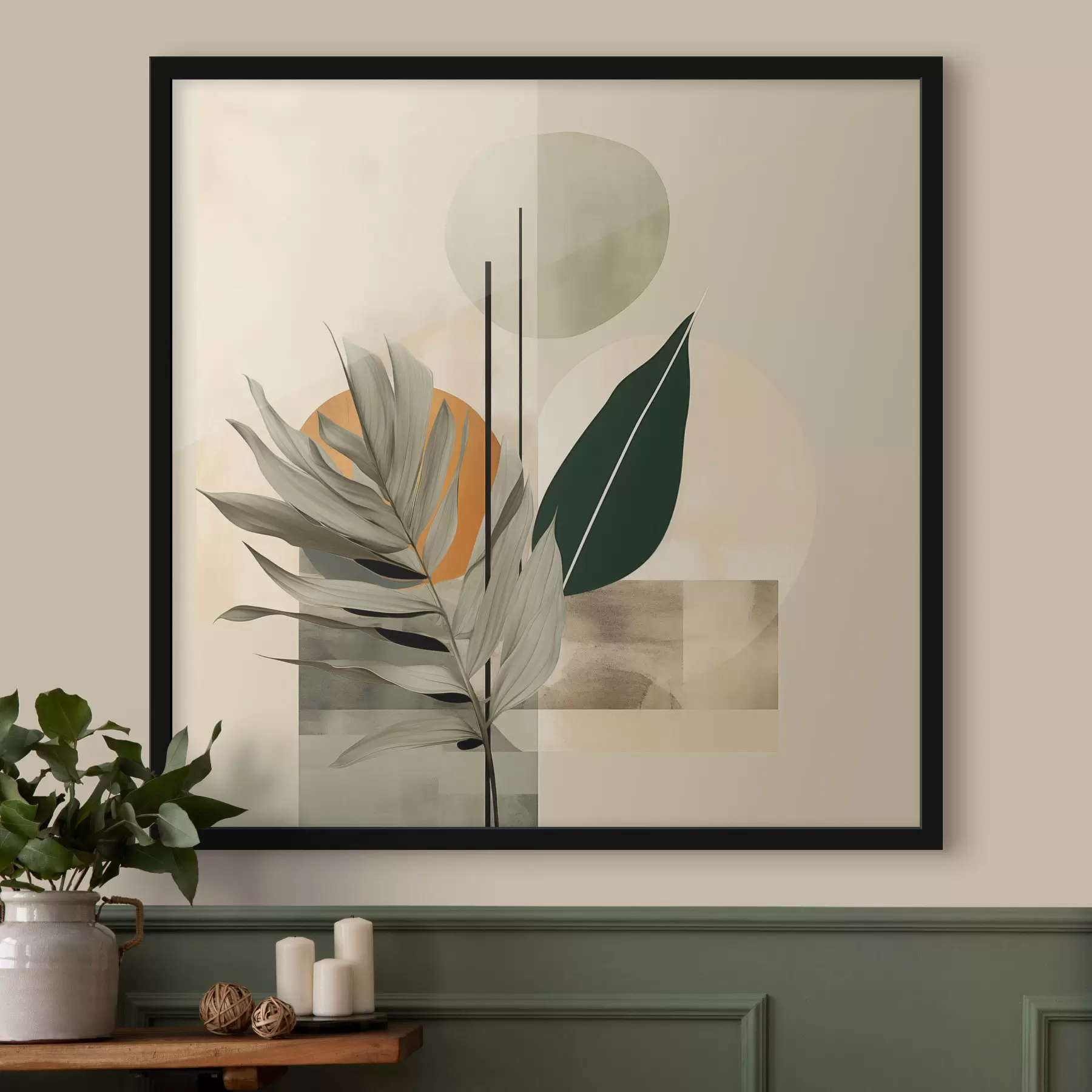 Fototapeedid Tumeroheline taim, millel on abstraktsed geomeetrilised kujundid ning beeži ja rohelised akvarelltekstuurid f48410