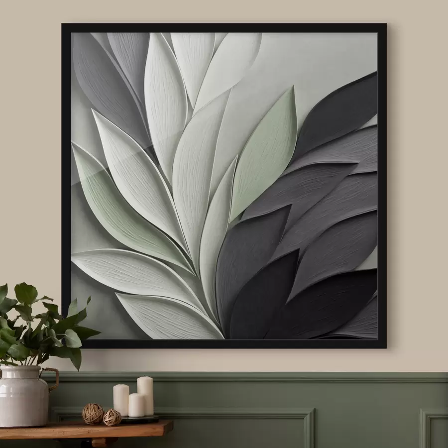 Fototapeedid Abstraktsed stiliseeritud lehed halli, valge ja maheda rohelise toonides f48411