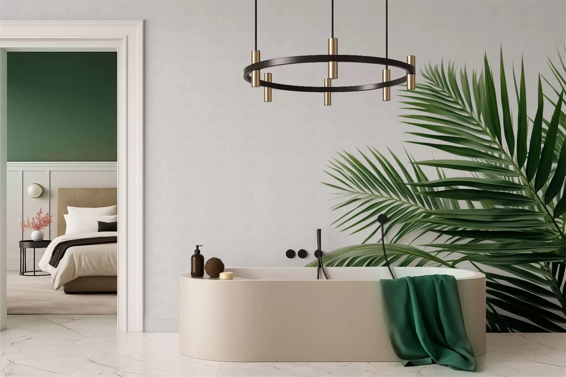 Fototapeedid Rohelised palmilehed heledal taustal w05391