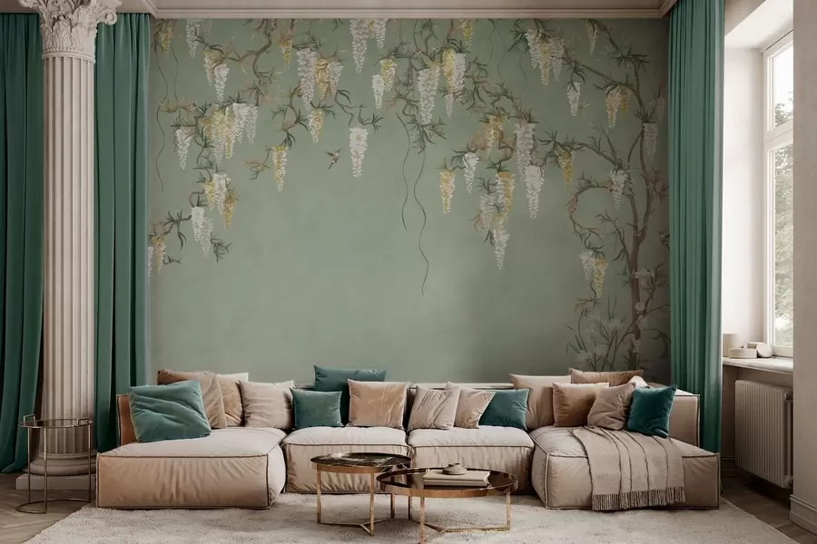 Fototapeedid Õitsvad oksad valgetega õitega ja lindudega rohelisel taustal w05394