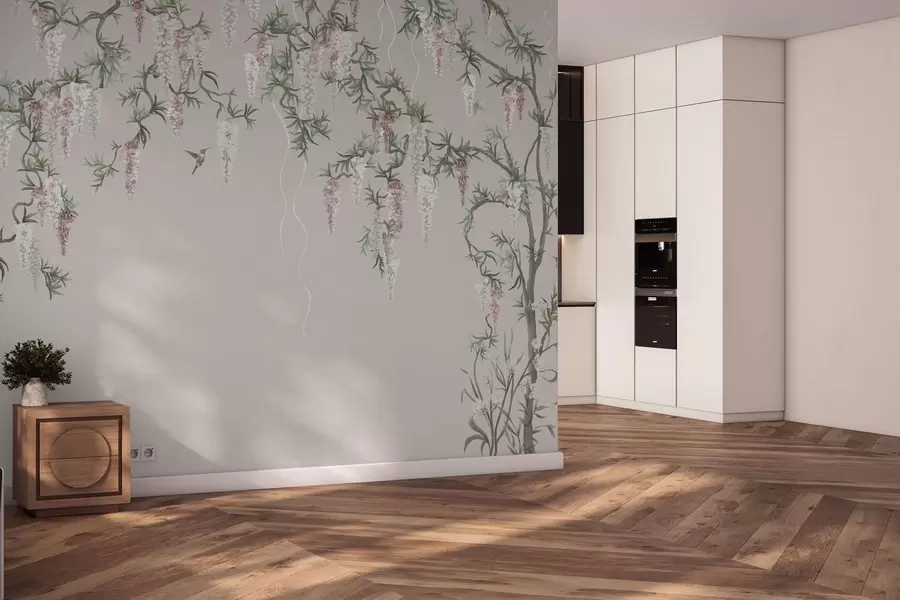 Fototapeedid Õitsvad oksad roosade õitega ja lindudega w05394v1