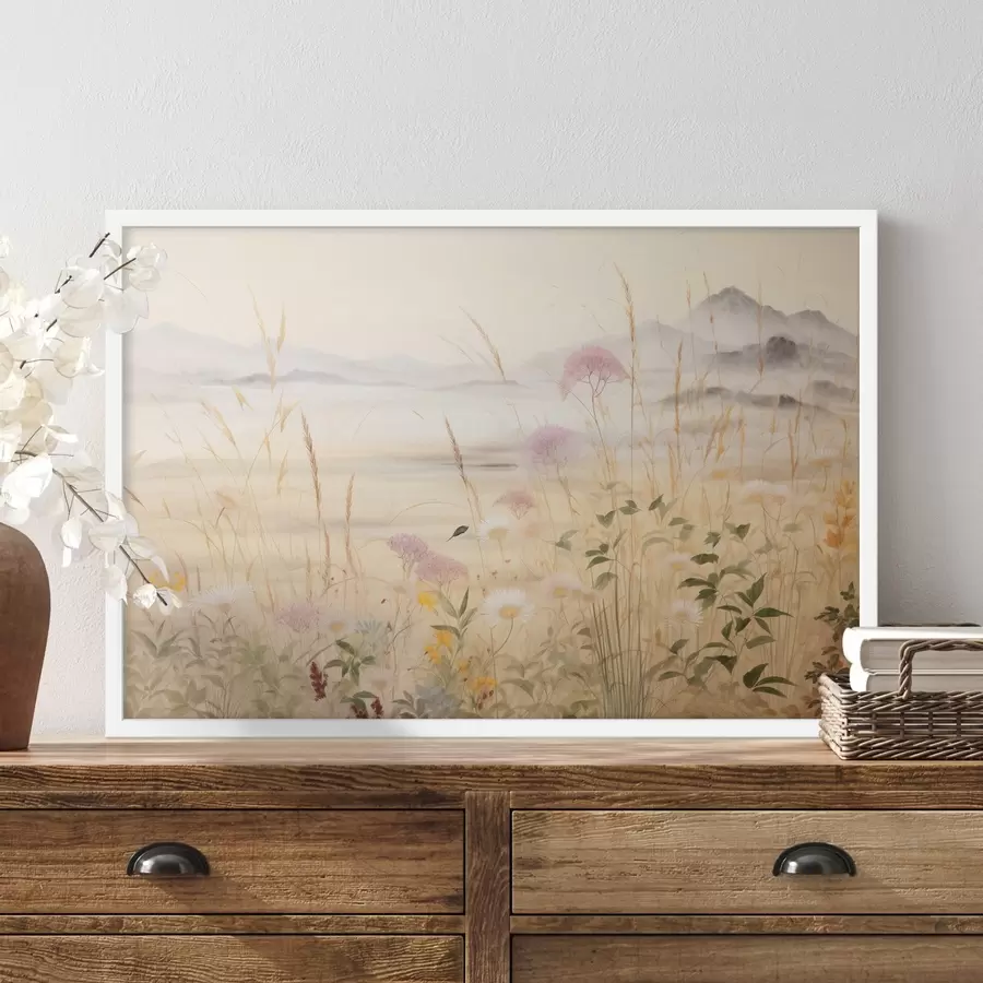 Fototapeedid Beež lillede väli, niidurohi, õrn maastik f48480