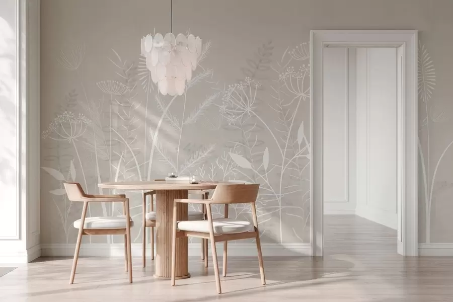 Fototapeedid õrnad käsitsi maalitud looduslikud rohttaimed ja lilled beeži taustal w05383v1