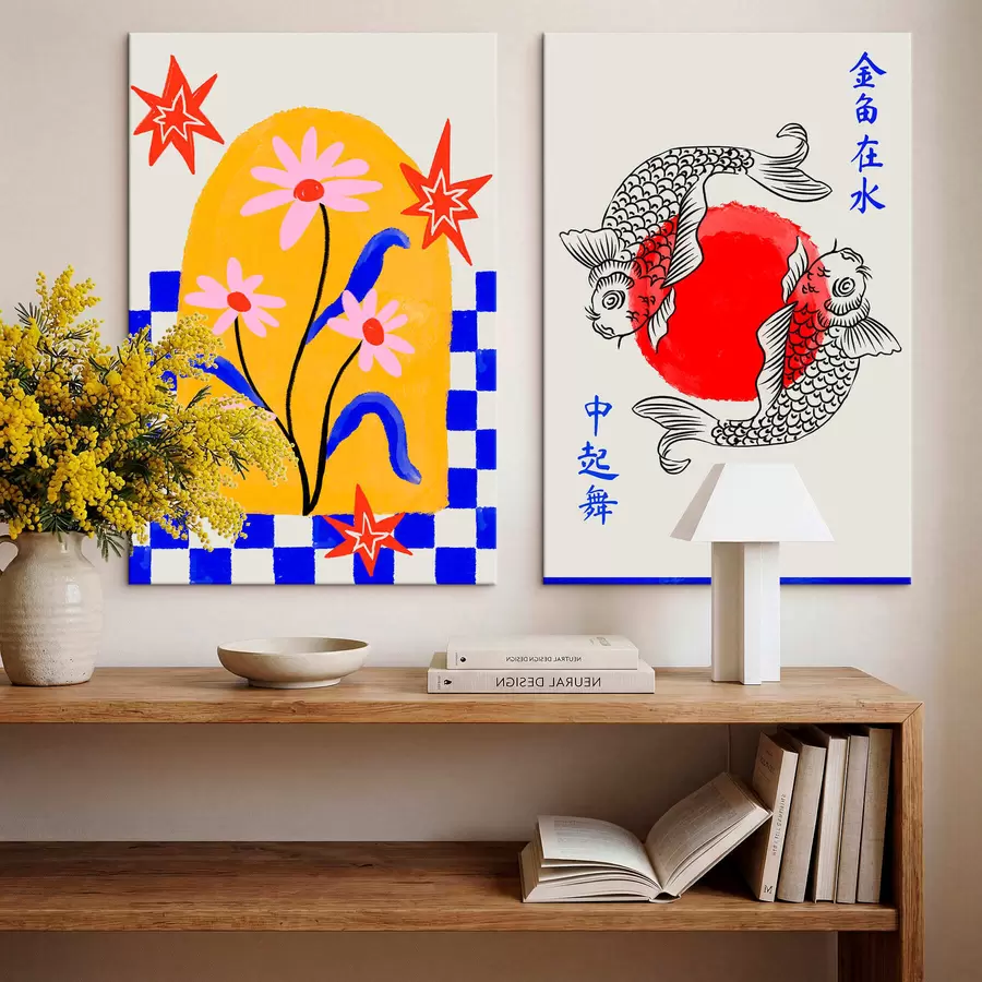 Pilt Kaheosaline maal, millel on kujutatud kass ja kaks kala punastes ja valgetes toonides m30235