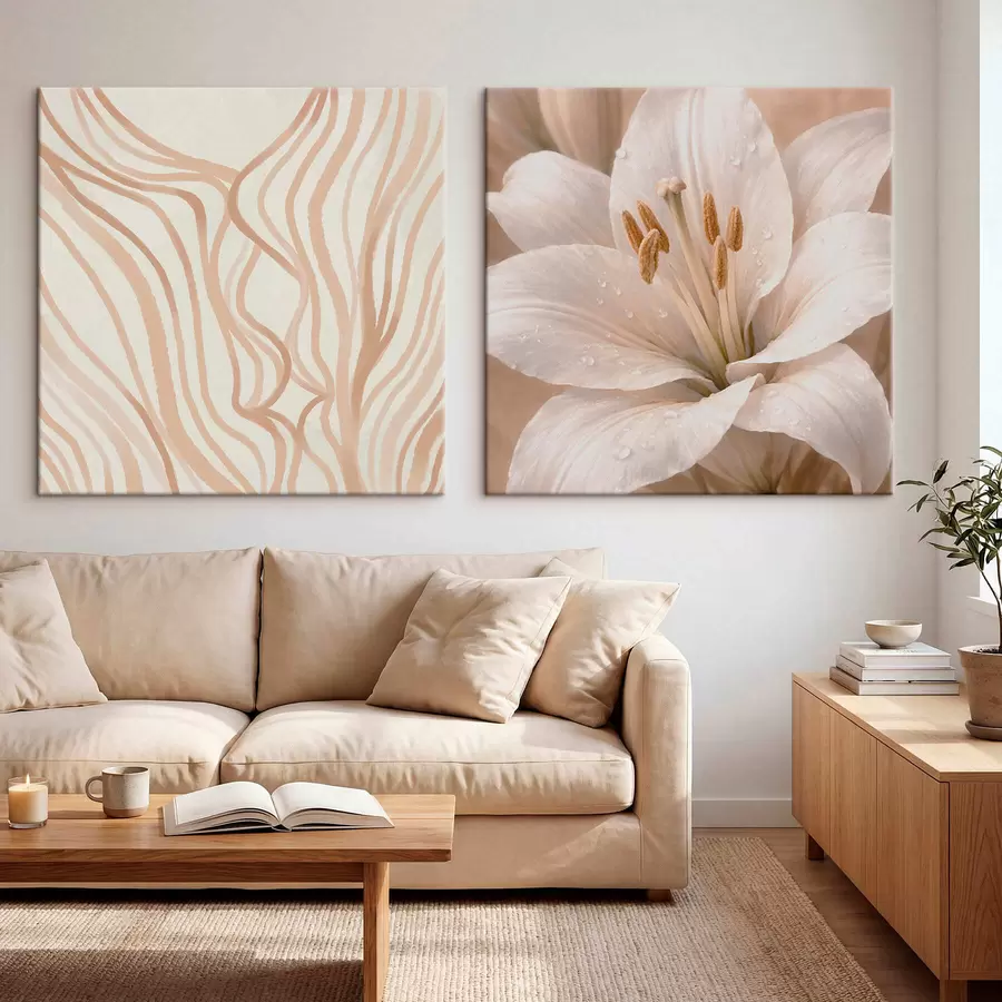 Pilt Kaheosaline maal lilledega ja abstraktsete kujunditega m30236